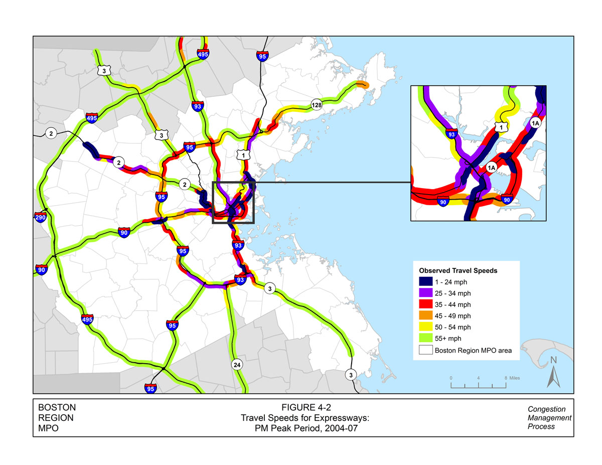 This figure displays the travel speeds for the limited access roadways and expressways for the Boston Region in the PM peak period. These data were collected between 2004 and 2007. The roadway links are color-coded to show their observed travel speeds. Speeds of 1 to 24 miles per hour are indicated in dark blue, 25 to 34 miles per hour speeds are indicated in purple, 35 to 44 miles per hour speeds are indicated in red, 45 to 49 miles per hour is indicated in orange, 50 to 54 miles per hour is indicated in yellow, and any speed indicated in green is at least 55 miles per hour. There is an inset map that displays the travel speeds for the inner core section of the Boston region.